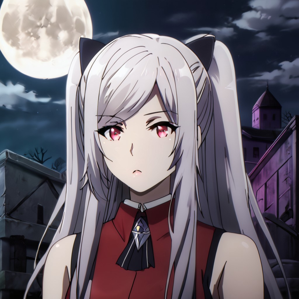 Black hair ribbon, gray hair, long hair, twintails, red eyes, large breasts, two side up, single hair bun, ponytail, wearing a gothic-style black and red dress with lace details, standing in an eerie graveyard with mist and tombstones, full moon in the background, dark and mysterious atmosphere