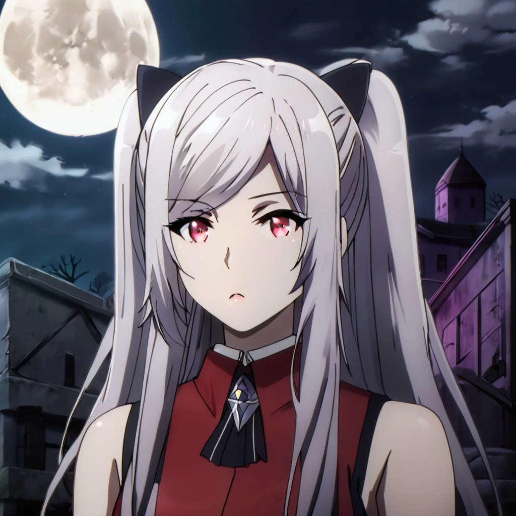 Black hair ribbon, gray hair, long hair, twintails, red eyes, large breasts, two side up, single hair bun, ponytail, wearing a gothic-style black and red dress with lace details, standing in an eerie graveyard with mist and tombstones, full moon in the background, dark and mysterious atmosphere