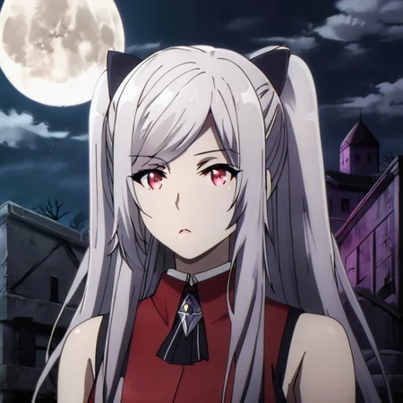 Black hair ribbon, gray hair, long hair, twintails, red eyes, large breasts, two side up, single hair bun, ponytail, wearing a gothic-style black and red dress with lace details, standing in an eerie graveyard with mist and tombstones, full moon in the background, dark and mysterious atmosphere