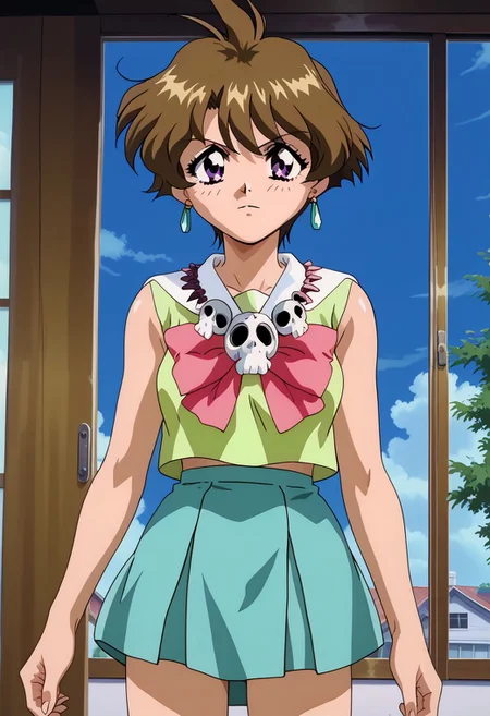 oficial art, detailed anime, screencap, score_9, score_8_up, score_7_up, master piece, anime coloring, source_anime, retro artstyle, 1990s \(style\), 1girl, solo, cowboy shot, Natsumi, purple eyes, jewelry, fair-skinned female, fair skin, short hair, earrings, brown hair, skirt, necklace, sleeveless, sleeveless shirt, bow, pink bow, bowtie, shirt, skull necklace, green skirt, school uniform, miniskirt, pleated skirt, shoes, mary janes shoes, bow, socks, white socks,