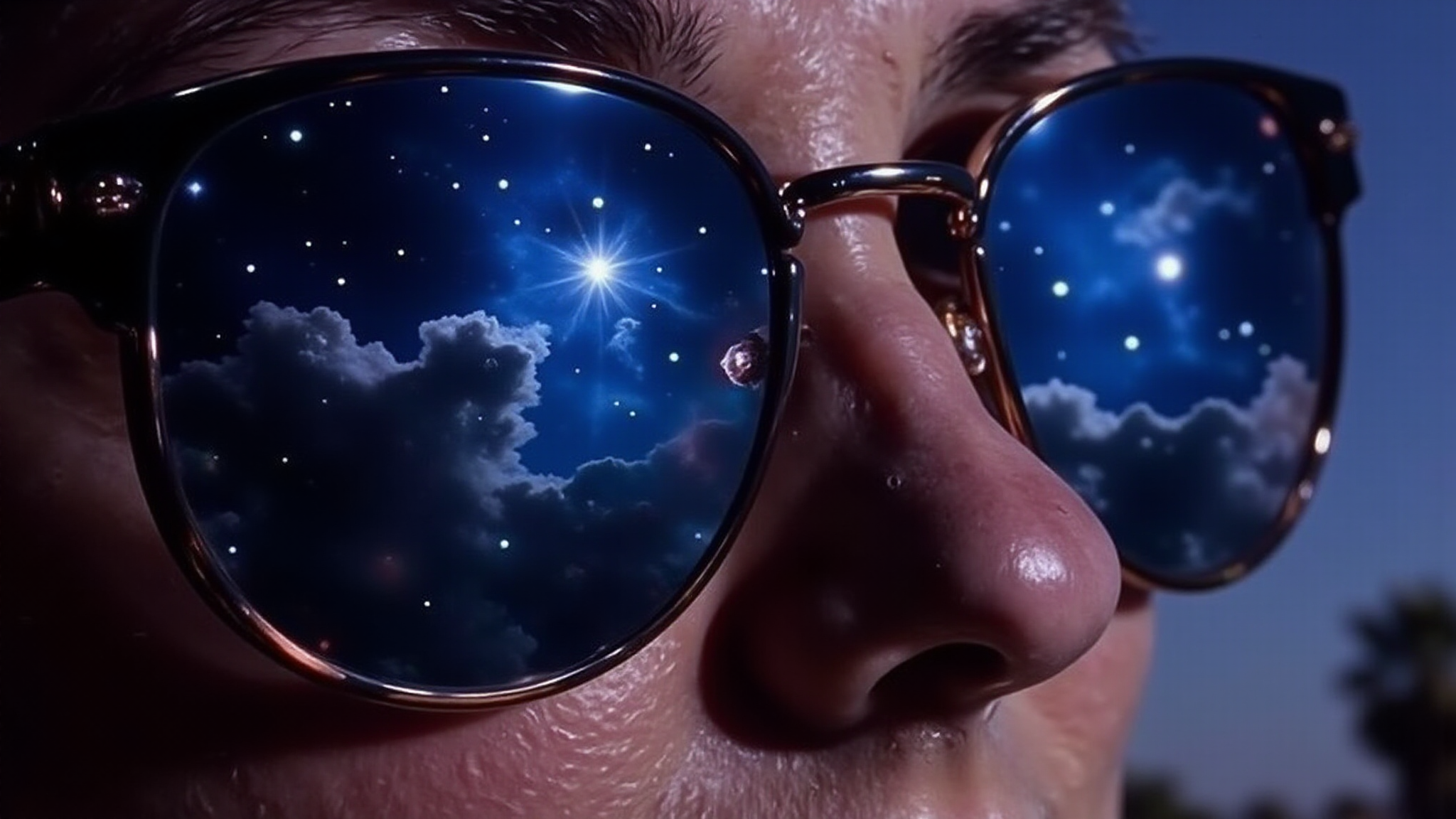 A striking close-up shot captures the reflection in a womanâs sunglasses, revealing a breathtaking night sky filled with an array of bright stars and shimmering constellations. The deep indigo backdrop of the cosmos is dotted with sparkling whites and hints of cosmic gold, creating an enchanting panorama that draws the eye in. Wispy clouds of violet and midnight blue weave throughout the scene, enhancing the ethereal quality of the sky. The sunglasses flawlessly reflect this celestial spectacle while their sleek frames accentuate the luminous display. The woman's gaze peers contemplatively into the night, her features softened by the soft glow of starlight, while a gentle breeze hints at the tranquility surrounding her. The blurred outlines of the landscape frame the scene, ensuring that the mesmerizing cosmic view remains the focal point, invoking a sense of wonder and the infinite beauty of the universe.
<lora:C183kw8rx_v3_c5f1f0ef:2> <lora:retro-futurist-cosmic-surrealism-flux:1.5>