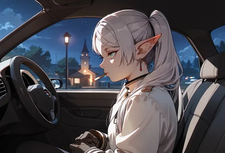 score_9, score_8_up, score_7_up, score_6_up, 1girl, Frieren, elf ears, sexy, small breasts, night, girl_focus, solo, car_interior, cigarette in mouth, gloves, motor_vehicle, car, white jacket, ground_vehicle, from side
