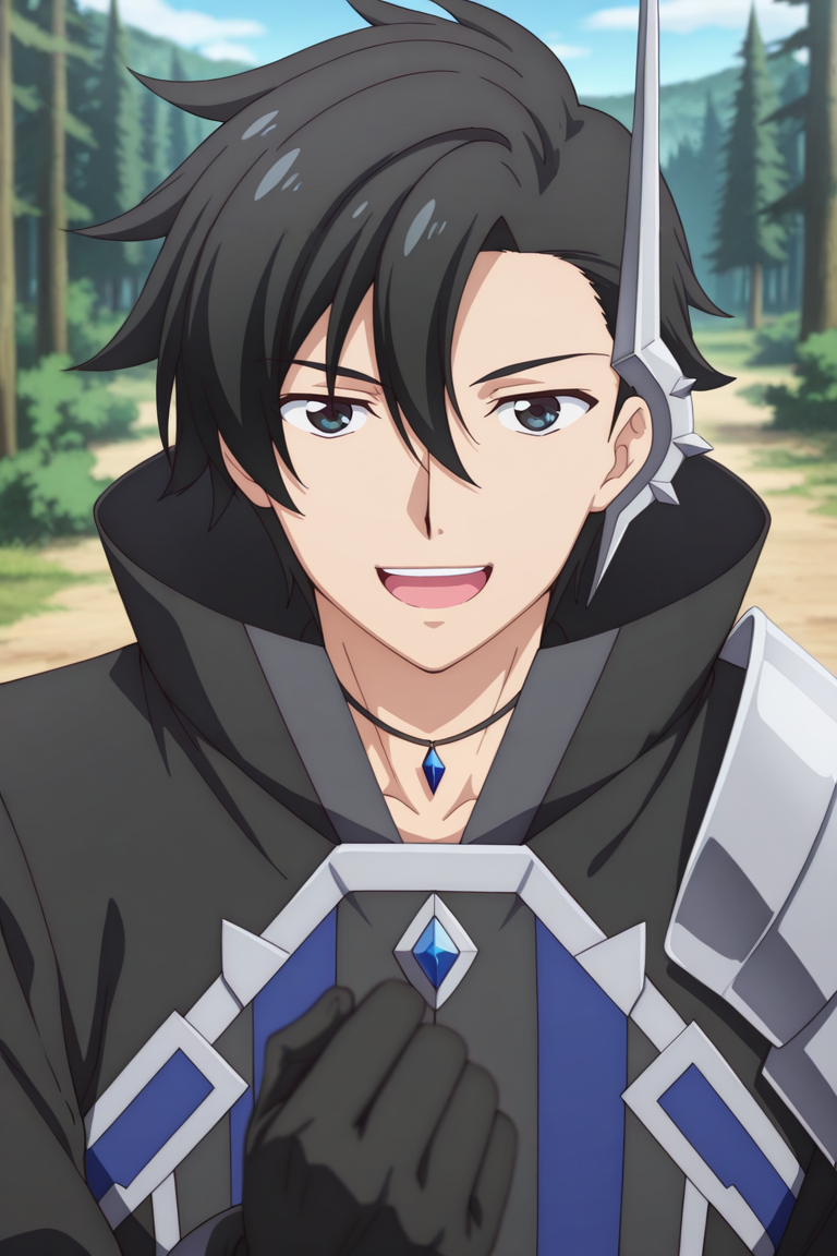 masterpiece, best quality, amazing quality,high resolution, intricate details,official style,depth of field,anime screencap,anime coloring, , , 1boy, solo, male focus,  <lora:kelvin_celsius:0.92>,kelvin celsius,black hair,black eyes,side swept,short hair,looking at viewer,black coat,accessory,gloves,jewelry,shoulder armor,hand up,black gloves,open mouth,upper teeth,:d,confident expression,outdoors,forest,day,sky,from above