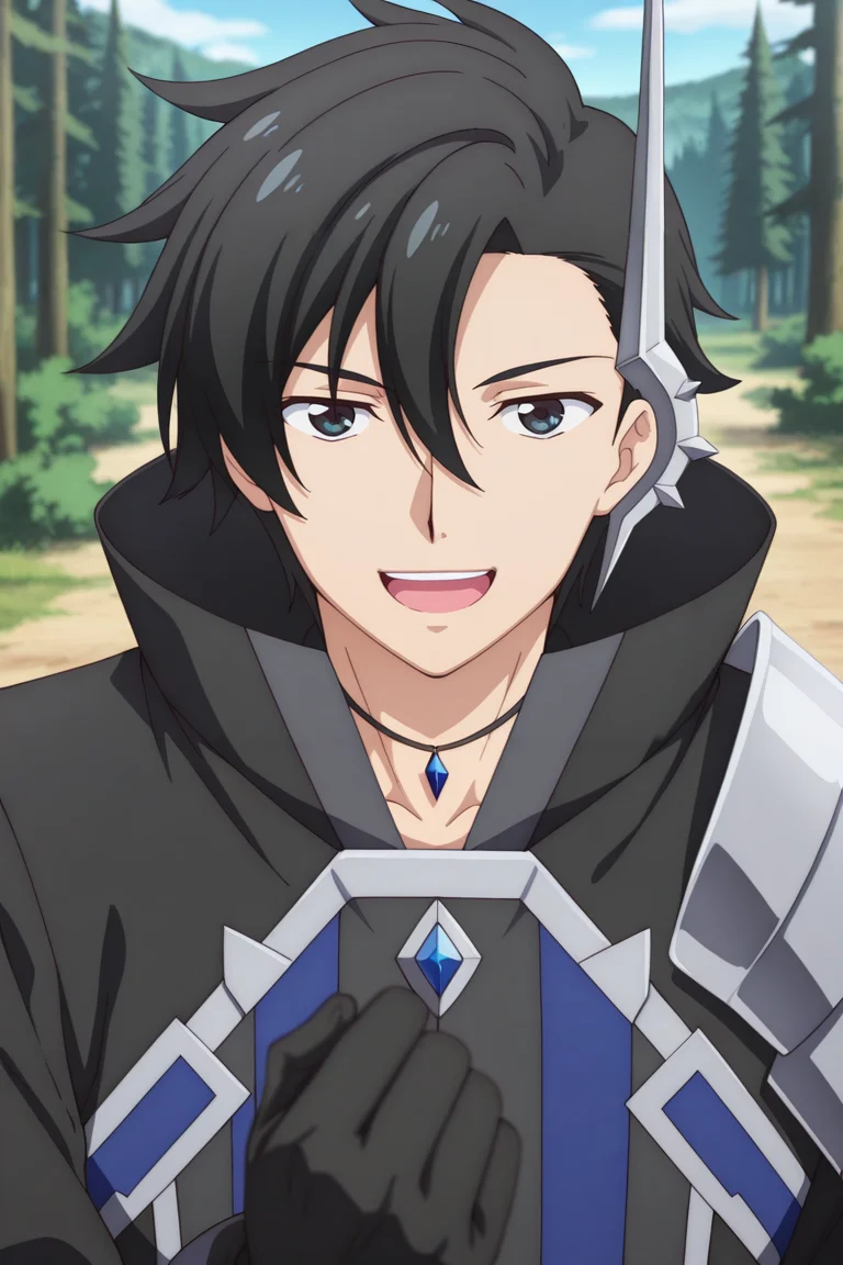 masterpiece, best quality, amazing quality,high resolution, intricate details,official style,depth of field,anime screencap,anime coloring, , , 1boy, solo, male focus, <lora:kelvin_celsius:0.92>,kelvin celsius,black hair,black eyes,side swept,short hair,looking at viewer,black coat,accessory,gloves,jewelry,shoulder armor,hand up,black gloves,open mouth,upper teeth,:d,confident expression,outdoors,forest,day,sky,from above