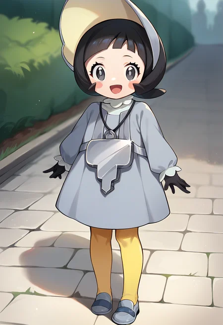 score_9, score_8_up, score_7_up, source_anime, masterpiece, 1girl, ctianpoppy,  grey dress, long sleeves, grey eyes, bonnet, yellow pantyhose, necklace, black gloves, blush stickers, looking at viewer, grey shoes, outdoors, open mouth, smile, <lora:r_Poppy ãã_pokemon_pony_ct:0.8>