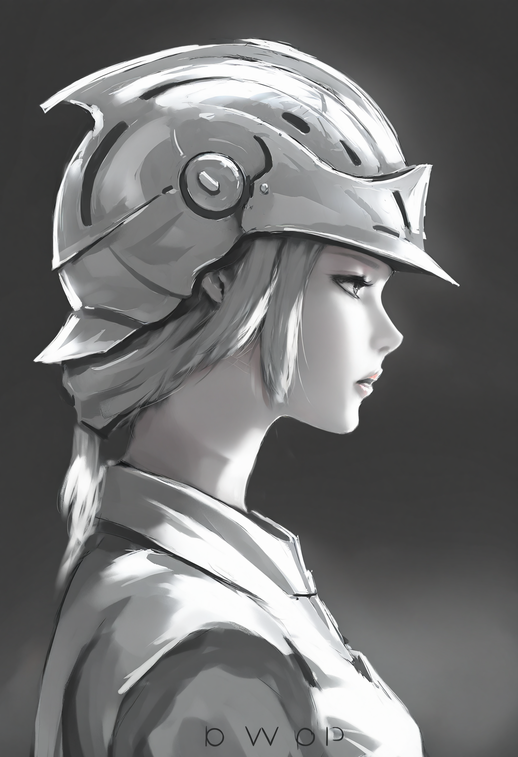 ,  1girl, solo, parted lips, black background, from side, profile, reflection, helmet, monochrome<lora:wlopXLlokr4f-000187:0.95>