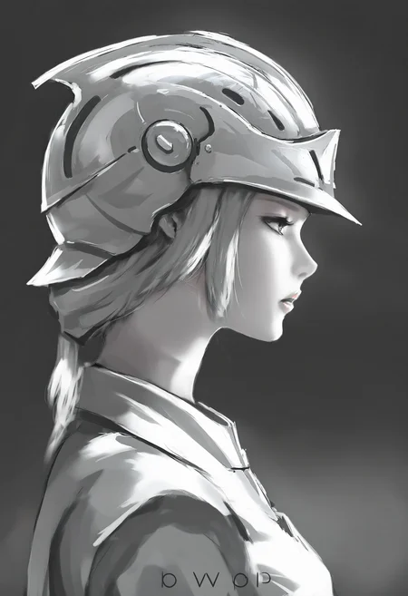 , 1girl, solo, parted lips, black background, from side, profile, reflection, helmet, monochrome<lora:wlopXLlokr4f-000187:0.95>