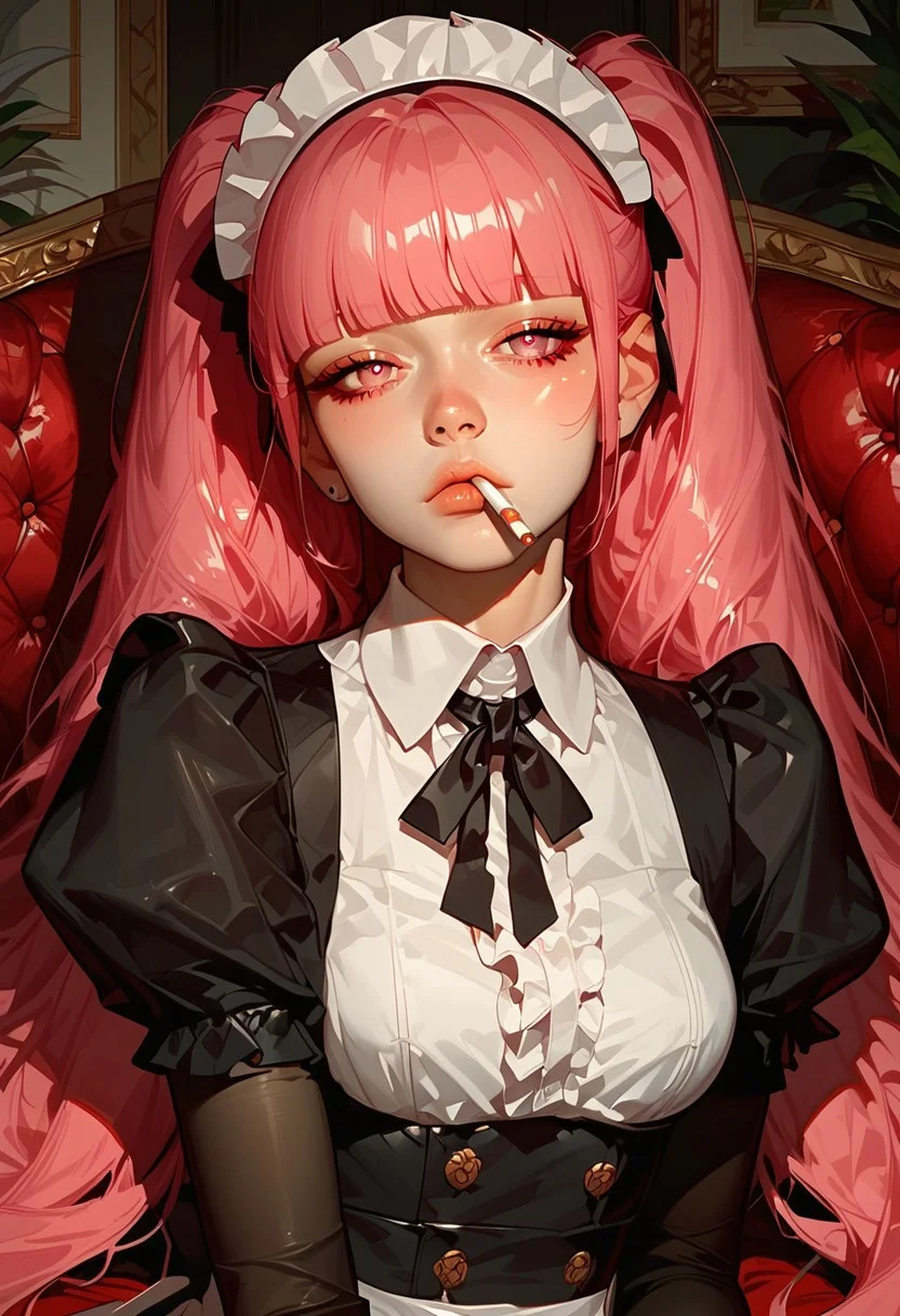 score_9, score_8_up, score_7_up, score_6_up,extreme detail, Masterpiece, Best Quality, beautiful, high res image, Expressiveh,cute face,<lora:Nalan_Yanran:1>
1 girl, solo, pink hair, pink eyes, very long hair, twintails, bangs, blunt bangs, ponytail,maid,thick pantyhose,bored girl,lying on sofa,look at viewer,messy room,modern room,morimee_style,cigarette, smoking, mouth hold, perfect eyes