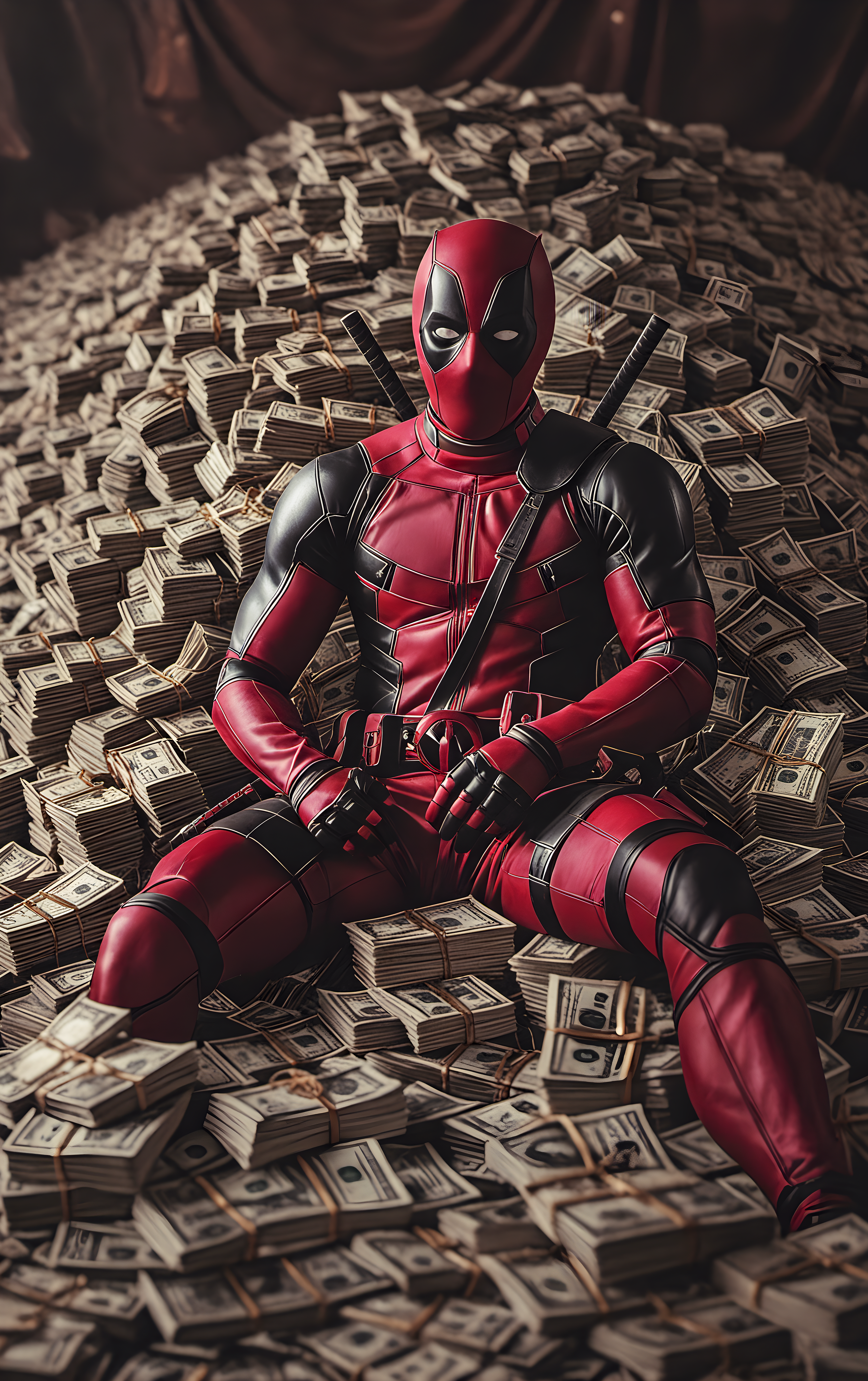 cinematic photo deadpool sitting on a giant pile of cash . 35mm photograph, film, bokeh, professional, 4k, highly detailed
