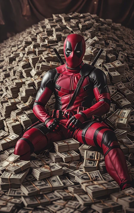 cinematic photo deadpool sitting on a giant pile of cash . 35mm photograph, film, bokeh, professional, 4k, highly detailed