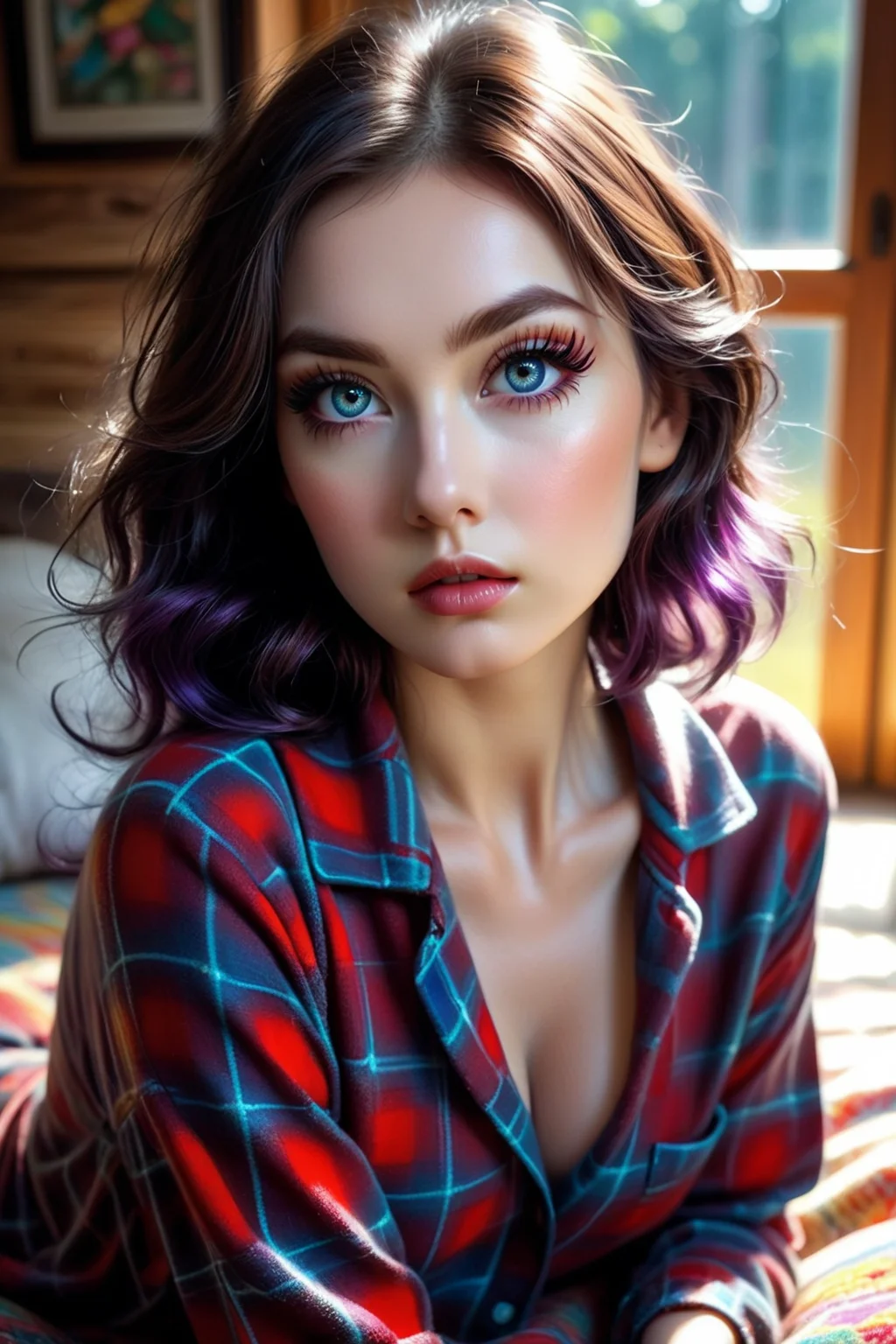 Fantasy, Whimsical. Surreal. Beautiful female. Wearing detailed clothes. Highly Detailed beautiful expressive eyes framed by long, perfect eyelashes. Her eyebrows are perfectly arched and delicate, adding grace to her gaze. Elegant eyeliner. Light make-up. Detailed face. Photorealistic, Natural atmospheric lighting, intricate details, 35mm photograph, film, professional, 4k visuals, highly detailed, elegant, studio quality. Hidden ethereal paradise, awakening desires, fantasies come to life, otherworldly sounds, interdimensional pleasures. Sci-fi Atmosphere. Sunrise radiance, vibrant hue, Multi-colored colored surface, reflective, light breaking, breathtaking effects, dramatic lighting, perfect details, perfect shadows, dappled light, light rays, particle lighting, high details. Best quality, multicolored, ((an extremely delicate and beautiful)), floating, (detailed clothes), (detailed light), (sunlight), beautiful and delicate, (bloom), (shine), colorful, dynamic vivid colors, Colorful portraits, dynamic lighting. Vibrant colors, abstract environment, cute, eyelashes, surreal, pretty girl, vivid colors, looking longingly, fantastic, gothic, glowing. detailed features, organic forms, meticulous portraiture, complex patterns, double exposure, two photos overlapping, transparent, surreal artwork, cracks cover the entire scene, artful, aesthetic, unusual, vintage feel, post apocalyptic, unsettling violence, macabre, suspenseful, crazy visual soundscape, Highly detailed beautiful expressive eyes., 1girl. (Wearing Flannel Pajamas:1.2). (One single breast coming out of her shirt:1.2). Highly detailed beautiful expressive eyes. 1 Fireplace. Sitting on thick blanket. Log cabin interior. Photorealistic, Natural atmospheric lighting, intricate details, 35mm photograph, film, professional, 4k visuals, highly detailed, elegant, studio quality, Tattoo,sexy donghua