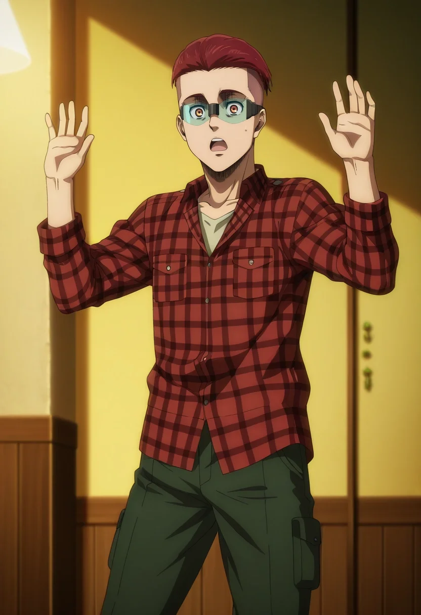 masterpiece, best quality, anime screencap, anime coloring, official style, , , 1boy, male focus, ruby eyes, red hair, slick back undercut, Convertible pants, Flannel shirt, , , Shirt garters andSafety Glasses, solo, eyes wide, hands raised, surprised expression, standing pose, bright colors, <lora:shingeki_no_kyojin_s4_style_ilxl:1>, shingeki_no_kyojin_s4_style