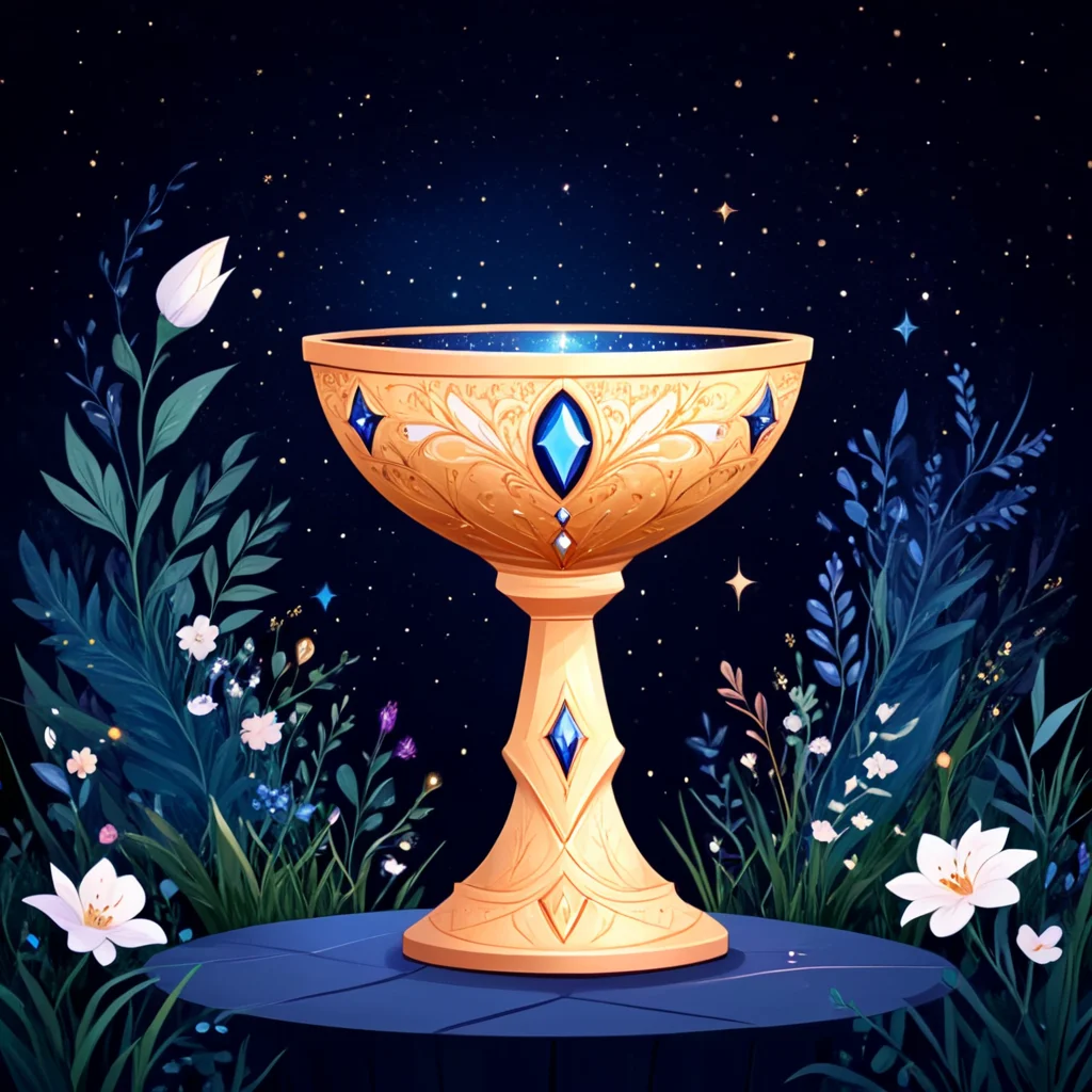 <lora:Flat_Cartoon_IllustrationSDXL:1> ArsMJStyle, Flat Cartoon Illustration, The image shows a golden chalice with flowers in it sitting on a table surrounded by plants and stars in the night sky., no humans, flower, star (sky), night, sky, white flower, outdoors, starry sky, grass, gem