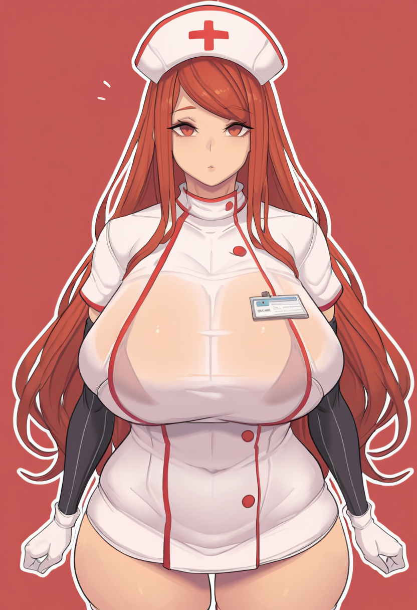 masterpiece, best quality, 
 <lora:metal_owl:1> m3t4l0wl3,
1girl, solo,
Straight-on,
looking at viewer, 
sorceress \(dragon's crown\),red hair, long hair, , huge breasts,
nurse cap, nurse, miniskirt, gloves, skindentation, see-through clothes, , 
simple background, Red  background, outline,