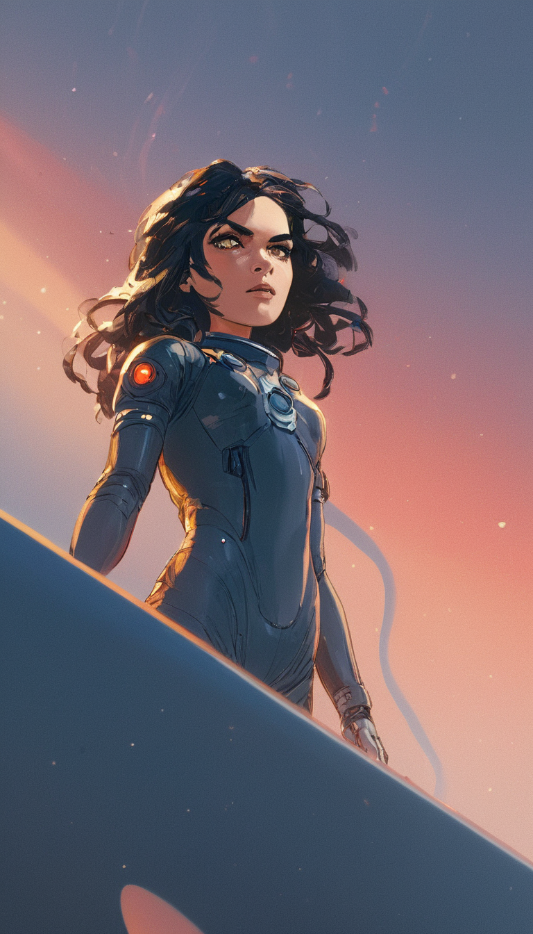 Female in space suit, sci-fi, cinematic scene, hero view, extremely beautiful piercing eyes, scenery, detailed background, masterpiece, best quality, high quality, highres, absurdres, very detailed, high resolution, sharp, sharp image, 8k, vivid, colorful, sillage comic <lora:sillage_xl_v1:1> <lora:toni_infante_xl_v2:1>