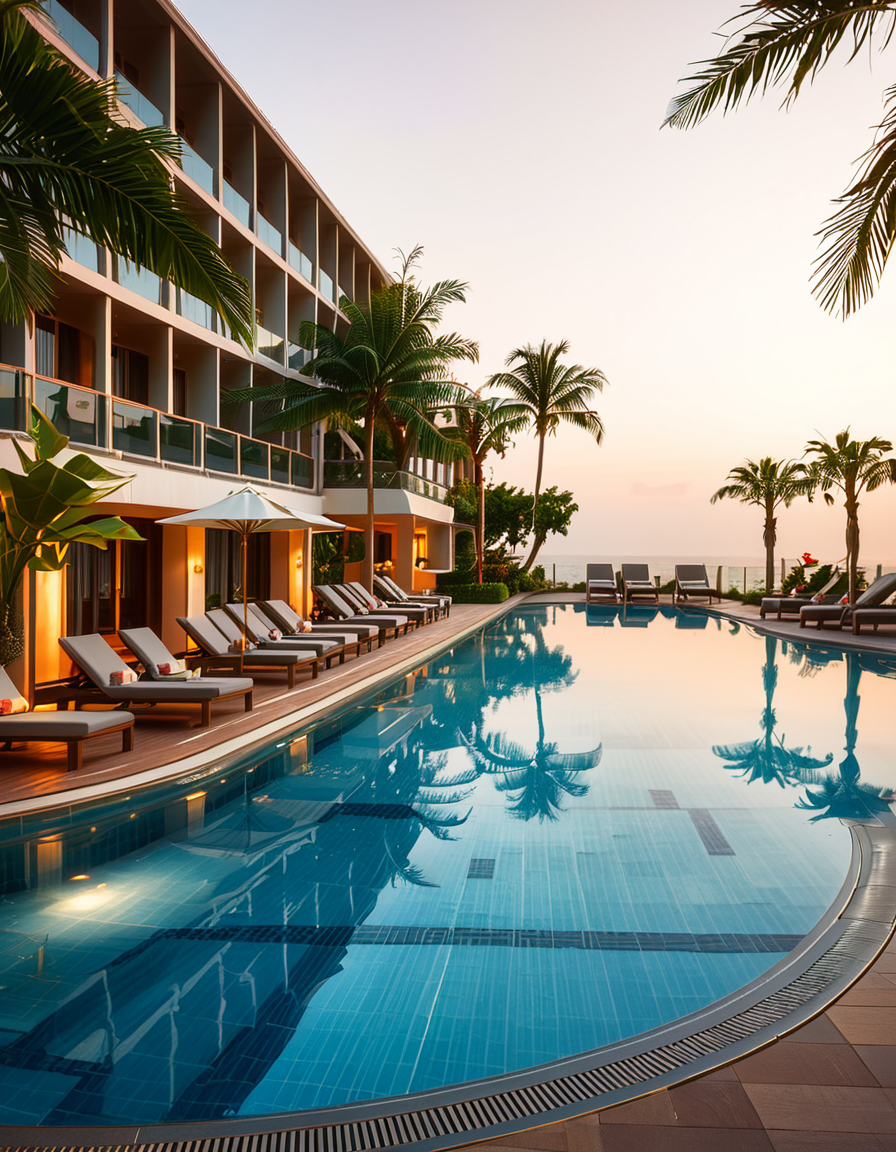 A luxurious hotel swimming pool at sunset, surrounded by elegant lounge chairs and palm trees. The crystal-clear water reflects the warm hues of the sky, creating a serene and inviting atmosphere. The pool has an infinity edge overlooking a breathtaking ocean view, with soft ambient lighting enhancing the tranquil mood. The surrounding area is immaculately maintained, with neatly arranged sunbeds, stylish umbrellas, and a sleek modern poolside bar in the background. The scene is captured in ultra-high resolution, with photorealistic details emphasizing the shimmering water, the textures of the pool tiles, and the gentle movement of palm leaves in the evening breeze.
<lora:SDXLFaeTastic2400:0.4> <lora:extremely_detailed:0.4> extremely detailed, <lora:hotel_sw1mm1ng_p00l:1>,hotel sw1mm1ng p00l, Masterpiece,best quality,hi res,8k,hi res,8k,award winning,(sharp focus, intricate, highly detailed),