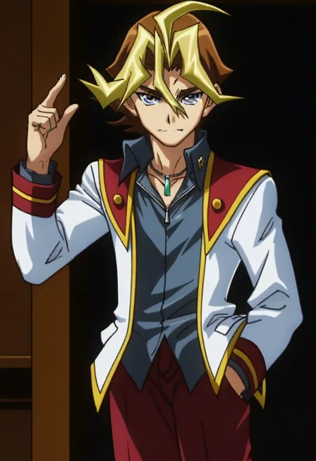 ((masterpiece)), ((best quality)), ((ultra-detailed)), ((absurdres)), score_9_up, score_8_up, score_7_up,
HD, top quality, best quality, amazing quality, High-quality illustrations, anime screencap, source_anime, best aesthetic, perfect proportions, perfect eyes, 1boy, 1male, solo boy, solo male, male focus, solo male focus, Anime, boy, male anime character, anime boy, handsome, attractive, cute, charming, sexy, hot, ((tall, tall body, tall height)), ((lean body, slim body)), Sylvio Sawatari, brown and yellow hair, gray-blue eyes, necklace, gray polo shirt, white blazer, red pants, ((hands in pocket pose,)), easynegative, Expressiveh, neghands, updn