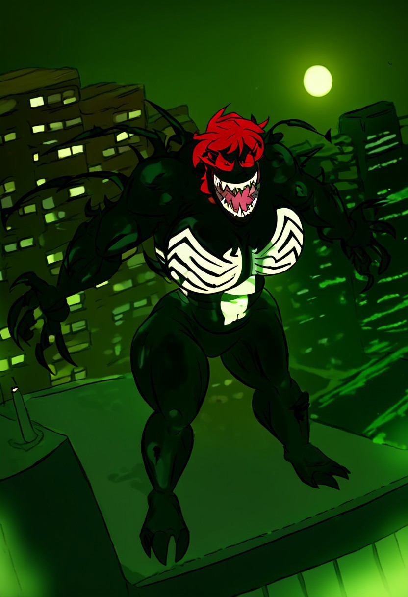 demencia, red hair, green ponytail, yellow eyes, sharp teeth, smile, eyeshadow, tongue out, ((score_9, score_8_up, score_7_up, best quality, masterpiece, smooth shading, by joaoppereiraus, joao, solo full body)), (((city, roof, night, moon, easynegative, high view))), ((female, red eyelashes, claws)), ((veins, venom, symbiote, fusion, hybrid:1.50)), ((laughing, posing, standing))