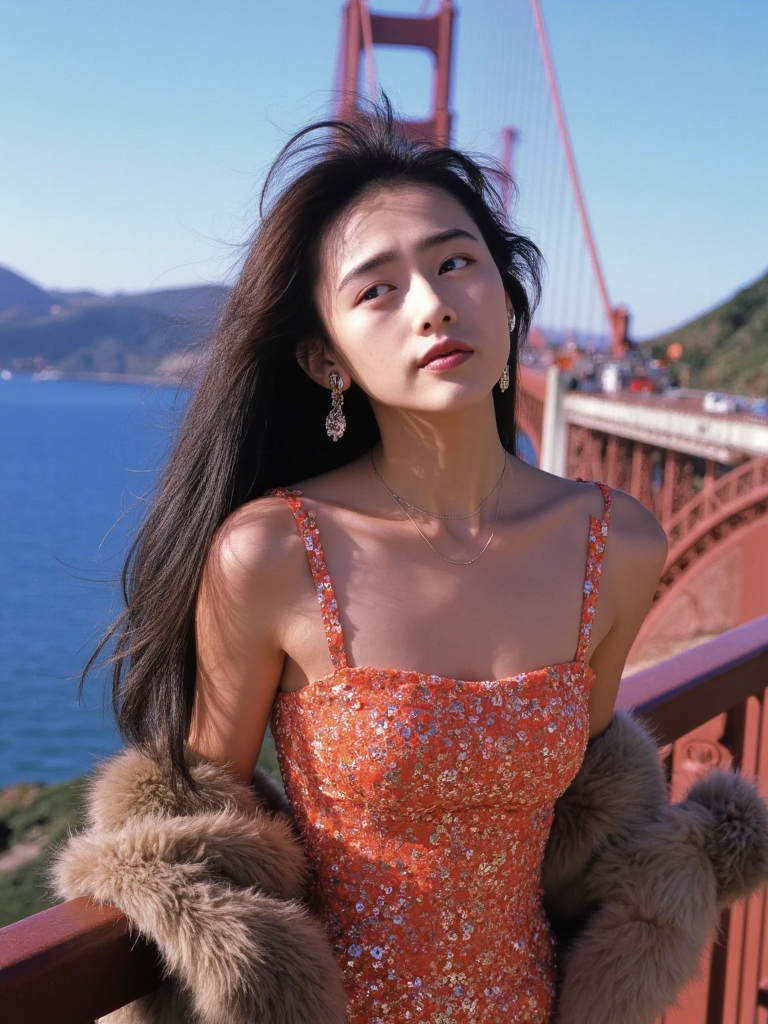 There are wonderful studio lights and various reflections,
18yo beautiful cute girl with blushing and female orgasm.skin naturally showing the texture of blood vessels and detailed pale skin,
--,
<lora:Kudo_Shizuka_f1_rank2_bf16:1>,she is Kudo Shizuka
--, On the iconic Golden Gate Bridge, a girl with sun-kissed skin and sparkling eyes captures the essence of San Francisco. She wears a flowing, sequined evening gown in a vibrant hue, paired with a luxurious, fur-trimmed leather jacket. The gown's reflective surface catches the sunlight, creating a dazzling effect, while the jacket adds a touch of opulence. Her expression is serene yet contemplative, as she gazes out at the bay. The bridge's towering structure and the blue waters below create a dramatic backdrop, and the image is rendered in a realistic style, highlighting the texture of her dress and the grandeur of the landmark.