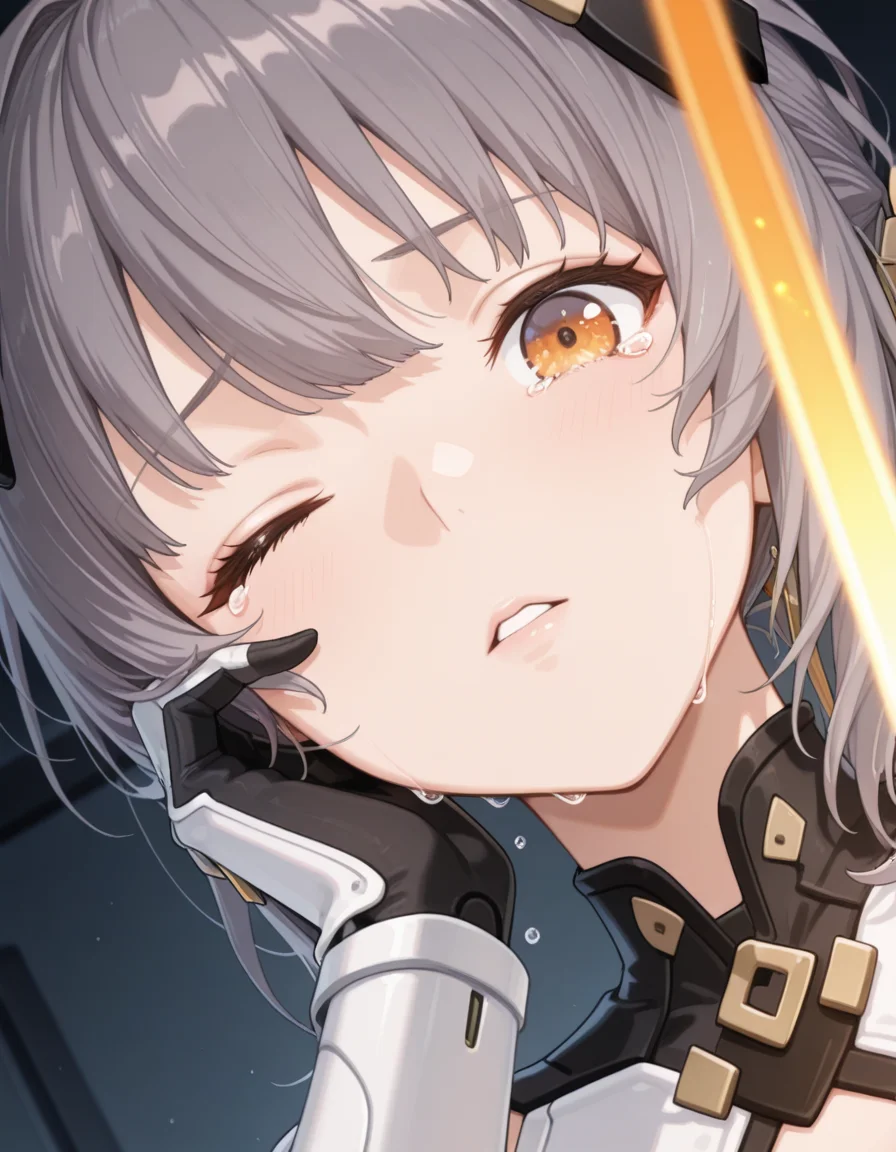 masterpiece,best quality,amazing quality,very aesthetic,high resolution,ultra detailed,perfect details,
<lora:mai_pgr_nanami_mxzj:1>,<lora:my-lora:1>,mai_style,
mai_pgr_nanami_mxzj,1girl,solo,yellow_eyes,grey_hair,weapon,orange_eyes,clothing_cutout,joints,mechanical_arms,robot_joints,parted lips,looking at viewer,upper body,face focus,hand on own face,tears,dutch angle,one eye closed