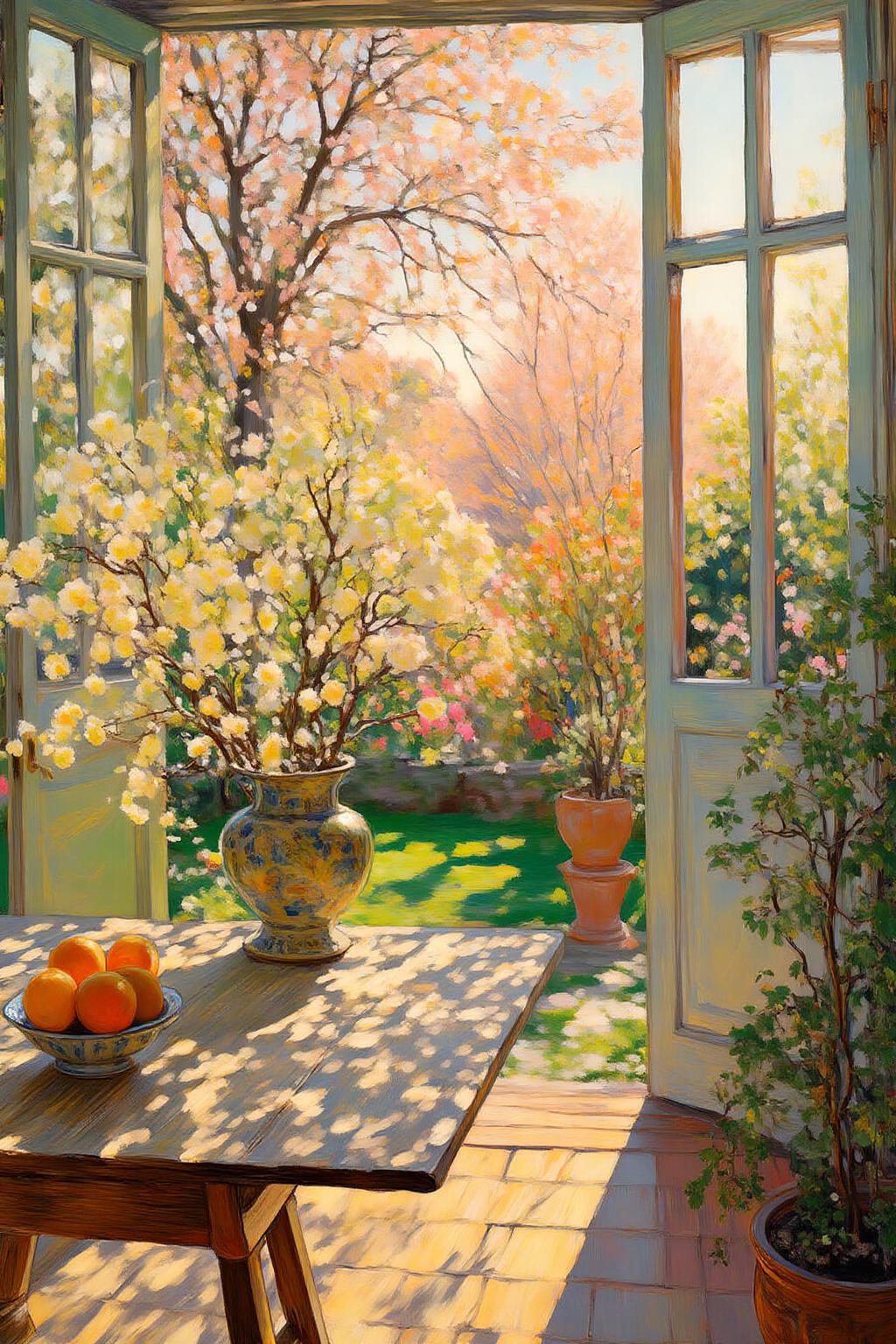 kaoruyamada1 painting.
A serene indoor scene with an open door leading to a lush garden. The interior features a wooden table with a vase of white flowers and a bowl of oranges. The table is bathed in warm sunlight, casting intricate shadows on the floor. Outside, the garden is filled with vibrant greenery and blooming flowers. <lora:kaoruyamada1_f16e9:1.0><lora:868839419665222181:0>