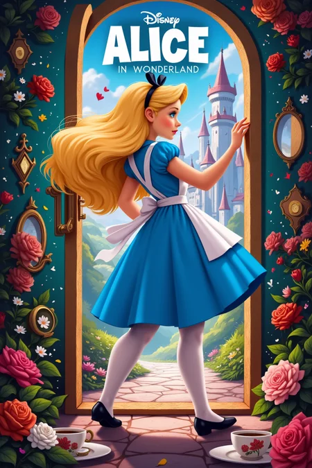 An imaginative movie poster with the bold title in the top 'Alice in wonderland'  AliceWaifu, she is opening a magic door, castle with mosaics in the wall very colorful, watch, solo focus, saucer, rose, dress, black footwear, white pantyhose, hair bow, mirrors in the wall and some stuffs, cowboy shot, castle, bridal gauntlets, magic particles, pastel colors, perfect composition, dynamic pose