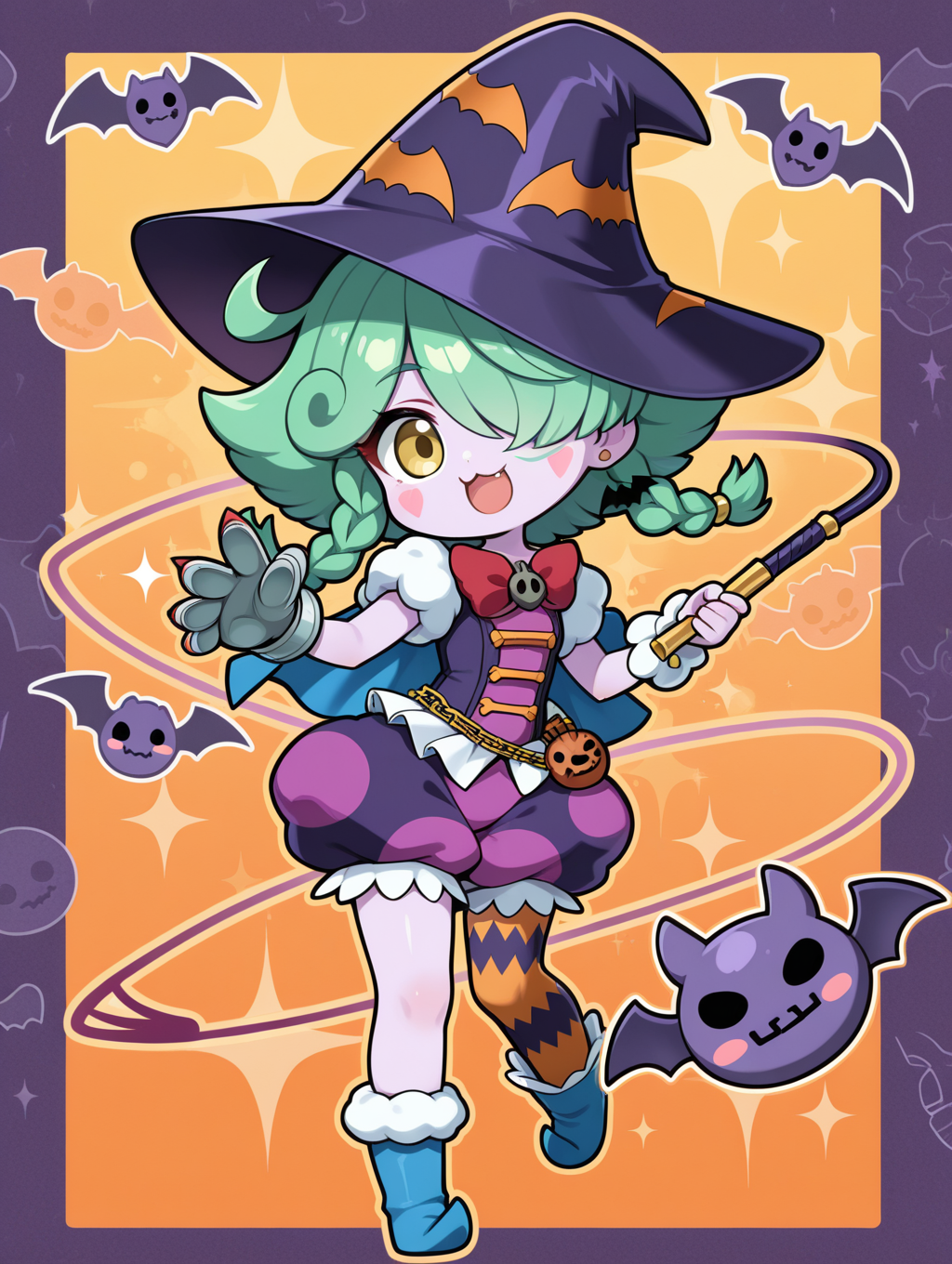 abyss actor - leading lady,chibi,1girl,solo,hair over one eye,fang,smile,bat \(animal\),full body,open mouth,whip,holding whip,blush stickers,looking at viewer,:3,purple skin,:d,skull hair ornament,purple witch hat,red bow,purple dress,purple bloomers,single glove,single legwear,single wrist cuff,bat earrings,blue cape,blue pointy footwear,
masterpiece,best quality,amazing quality,very aesthetic,absurdres,newest,<lora:Abyss Actor - Leading Lady illusXL v1.2:0.72>,