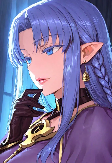 1girl, Medea \(fate\),, adult woman, earrings, masterpiece, purple dress, hand up, black gloves, blue hair, long hair, pointy ears, luscious lips, lip gloss, portrait, colored eyelashes, backlighting, blue eyes, goddess, glossy skin, ,hires,best quality, very aesthetic,absurdres,score_9, score_8_up, score_7_up, score_6_up, score_5_up, score_4_up, (hyper extreme detailed), (hyper quality), game CG, (colour:1.2),(from side:0.7)