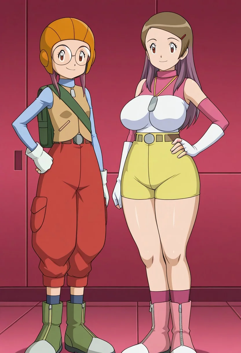 anime screencap, anime art style, digimon adventure 02, duo, couple, thick thighs, wide hips, large breasts, saggy breasts, 2girls, cuddle,
BREAK
(1girl, yolei inoue,1 character, baggy pants, orange aviator helmet, round glasses, blue long-sleeve shirt, brown vest, white gloves, red high-waisted pants, green knee-high boots, gloves, glasses, helmet, boots, purple hair, smile, long hair, pants, vest, white gloves, standing, bag, hand on hip,)
BREAK
(2girl, kari kamiya,2 Character, 1outfit, short brown hair, anime girl, futuristic outfit, pink long sleeves, fingerless gloves, sleeveless white top, yellow shorts, high boots, pink and white boots, pendant necklace, gloves, brown hair, brown eyes, smile, fingerless gloves, shorts, yellow shorts, hair ornament, short hair, hairclip, standing, elbow gloves, socks,)