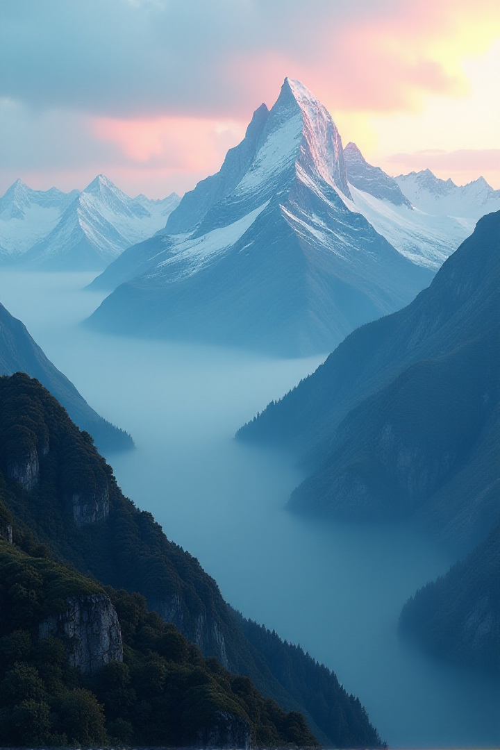 their peaks veiled in mist. great lighting, A surreal landscape highly detailed . extremely high-resolution details, appears trapped in an optical illusion of reflections and refractions colorful , professional photography, natural lighting, volumetric lighting maximalist. intricately detailed, complex, elegant, expansive, fantastical, film photography style, in the distance layers of mountains strech to the horizon in shades of blue, mysterious fog envelops the landscape, adding depth and atmosphere to the composition, ultra-detailed, hyper-detailed, ambient lighting, (masterpiece), (Amazing quality), (phenomenal aesthetic), cinematic moment, 8K<lora:FLUX_Ghibsky_Illustrations.safetensors:0.8:1.0>âââ