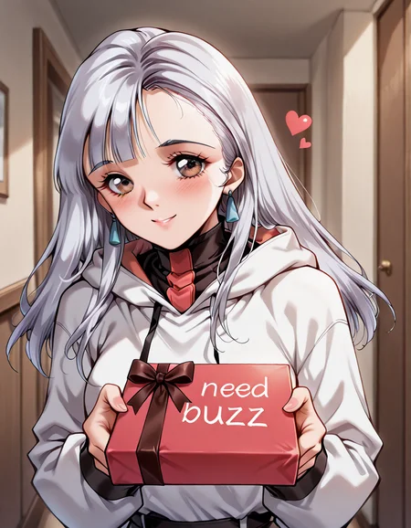 masterpiece,best quality,amazing quality,ultra detailed,very aesthetic,absurdres,<lora:selma_IL_V1:1>,selma,silver hair,long hair,blunt bangs,brown eyes,PDSA,buzz,smile,(valentine's gift says buzz!:1.4),heart,reaching,looking_at_viewer,valentine's gift says need_buzz,valentine gift of heart,viewers receive,give to viewers,<lora:NeedBuzz_sign_Illustrious:1>,need_buzz,holding sign,hoodie,