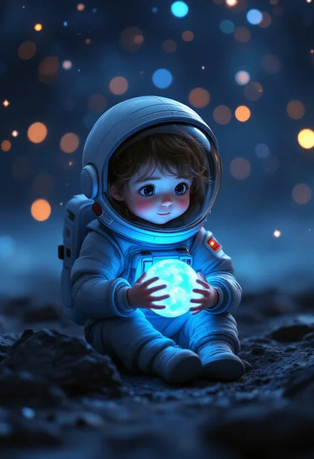 A stunning digital shot depicts a young child, seemingly a girl, in a vivid and detailed miniature spacesuit, sitting on a rocky, dark surface. Her serene and thoughtful expression conveys a sense of wonder and responsibility as she tenderly cradles a glowing, blue orb that resembles a distant planet. The vast, star-filled background is filled with faint, sparkling lights, immersing the viewer in a cosmic landscape. The artist has masterfully captured the innocence and guardianship of the child, creating a captivating and visually striking scene. The style is reminiscent of anime and hyperrealistic children's portraits, with a focus on realistic lighting, textures, and a vibrant color palette dominated by cool blues, dark greys, and the warm glow of the orb.