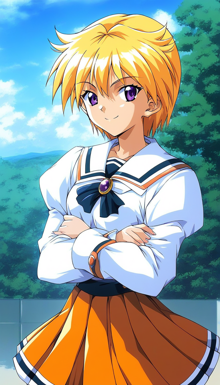 score_9, score_8_up, score_7_up, source_anime, rating_explicit, BREAK  <lora:Ijuin_Mei_XL:1> Ijuin_Mei, blonde hair, short hair, purple eyes,
1girl, solo, skirt, v arms, orange skirt,  pleated skirt,  school uniform, smile, green long sleeves, 
day, sky,