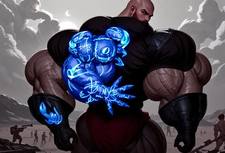 A high-resolution photography featuring Fenris. Fenris is truly a giant of a man, over seven feet tall, bigger even than Tul Duru Thunderhead, with a body that bulges with cords of muscle. His face is in constant, twisted, sneering motion.
(The whole left side of his body, from bald head to toe, is covered in tiny crabby glowing blue writing bio_ink, even his eyelid and lips)
In battle, he wears great plates of black armour on one half of him; the blue half left bare, apart from the straps that hold the armour on. He uses no weapon, relying solely on his brute strength. There is a sickly horror that seems to wash out from him, which makes people feel weak and terribly afraid.
The background scene is a desolate landscape filled with smaller elite warriors and fighters,
kodak 400 portra. fluxbodybuilder, brutalmass, hyper muscle,huge muscle,thick limbs,thick thighs,thick arms,Monster muscles,beard, ultra-realistic
<lora:BioInk2FLUX:0.6><lora:hyper_muscular_flux_v1:0.9><lora:Kodak Portra 400 v2:1><lora:MuscleUp-@brtlmss1.v4.style.solo.flux1d_ep4:0.3><lora:v8.1-fluxbodybuilder:0.6>