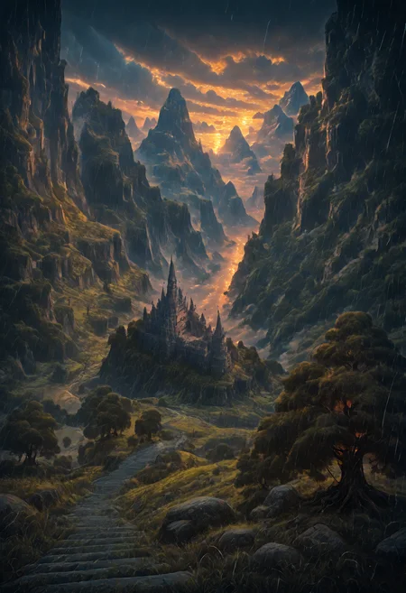 (from above:1.2), masterpiece, best quality, stbedap, depth of field, scenery, outdoors, cloud, no humans, sky, cloudy sky, castle, grass, stairs, nature, sunset, rain, tree, mountain, Fantasy, atmospheric perspective,Landscape <lora:cfg_scale_boost:0.5> <lora:Fant5yP0ny:0.5> <lora:Nature_Realistic_illustrations-_Illustrious:0.7> <lora:S1_Dramatic_Lighting_v2:0.9>