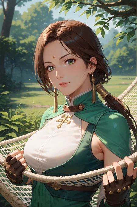 score_9, score_8_up, score_7_up, masterpiece, She lies in a hammock, gently swaying with a peaceful expression., <lora:Yueying_Dynasty_Warriors:0.8> 1girl, solo, green eyes, brown hair, long hair, ponytail, earrings, jewelry, fingerless gloves, looking at viewer, outdoors