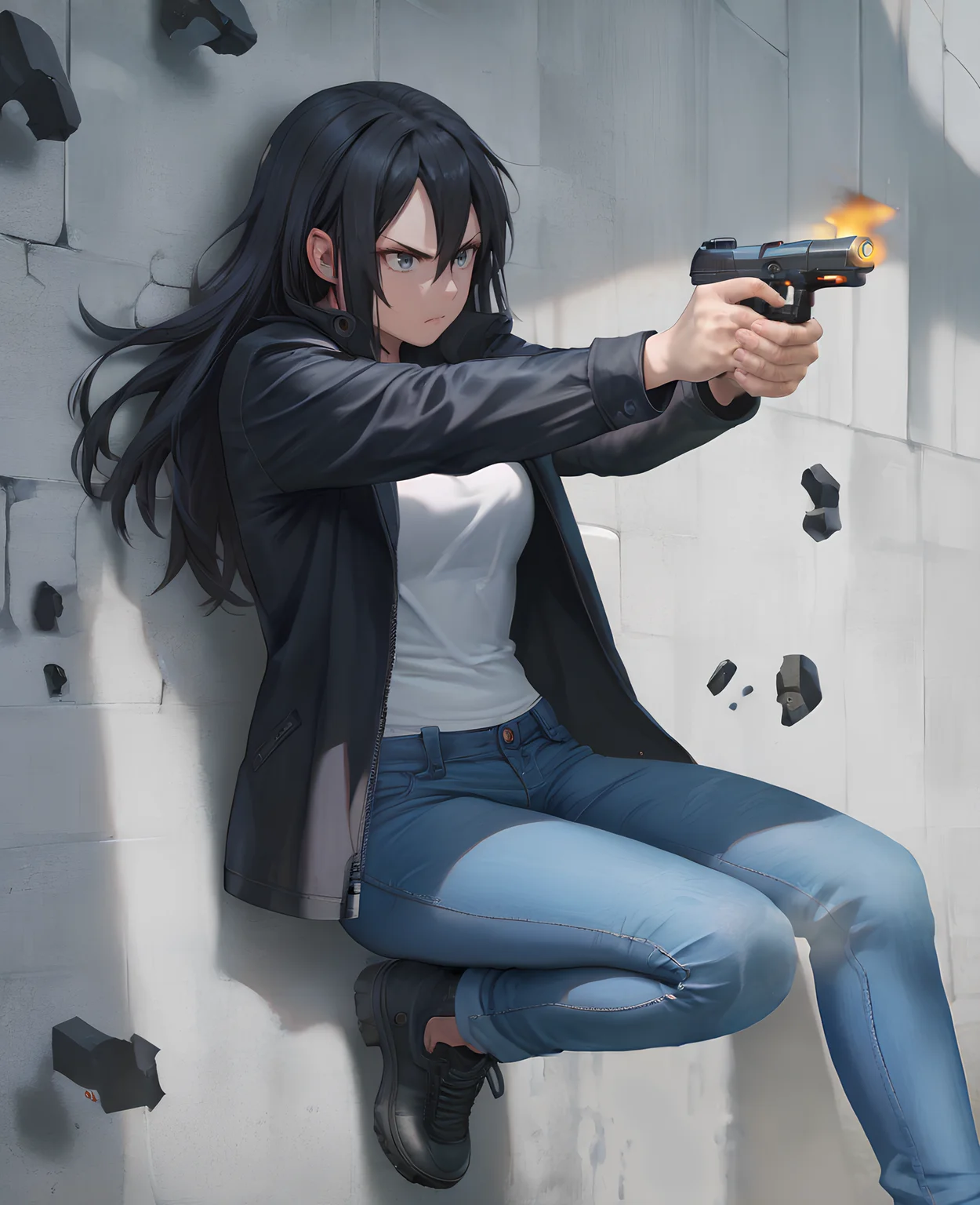 fn five-seven, five-seven, gun, pistol, firing, <lora:FN Five-seveN:1> 1girl, black hair, long hair, black jacket, anime, blue jeans, concrete, wall, smoke,, score_9, score_8_up, score_7_up, score_6_up, score_5_up, score_4_up,