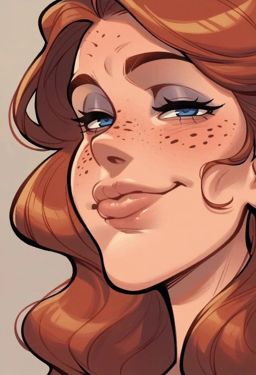 (Side profile:1.3), high detail, perfect face, very close-up, 1girl, long hair, red hair, light skinned female, (MILF:1.3), smug expression, blue eyes, head tilted, plump lips, (up close shot of face, portrait:1.6), freckles
BREAK
score_9, score_8_up, score_7_up, score_6_up, source_cartoon, rating_explicit