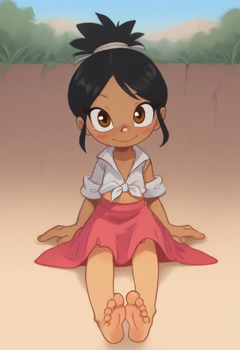 zPDXL2, score_9, score_8_up, score_7_up, <lora:sonicchannel2:0.9> , sonic channel (style),
1girl, two-toned hands, two-toned soles, smile, outdoors, streets, brazil, flat chest+++, candela_m, black hair, brown eyes, dark skin, tied shirt, skirt, blushing, wide shot, full body, barefoot, barefeet, looking at viewer, soft smile, closed mouth, sitting down on the ground, feet,