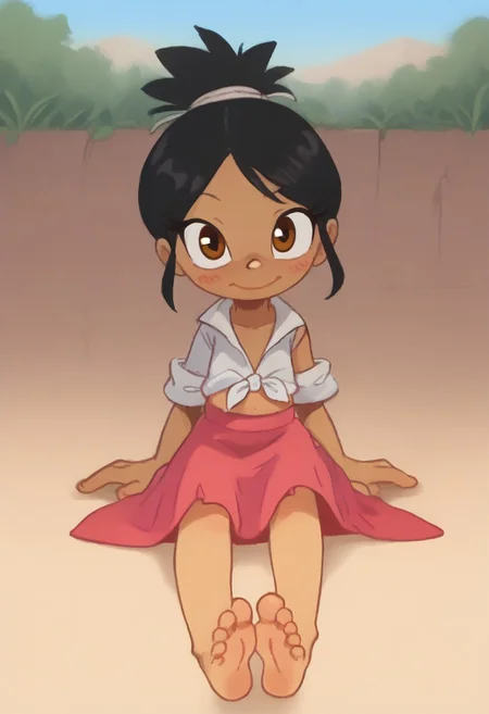 zPDXL2, score_9, score_8_up, score_7_up, <lora:sonicchannel2:0.9> , sonic channel (style),
1girl, two-toned hands, two-toned soles, smile, outdoors, streets, brazil, flat chest+++, candela_m, black hair, brown eyes, dark skin, tied shirt, skirt, blushing, wide shot, full body, barefoot, barefeet, looking at viewer, soft smile, closed mouth, sitting down on the ground, feet,