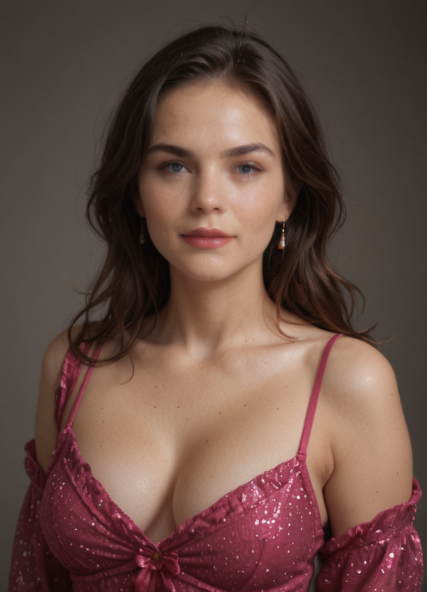 score_9, score_7_up, 1girl, solo, depth of field, portrait, mature female, dress, cleavage, presenting, glitter dress