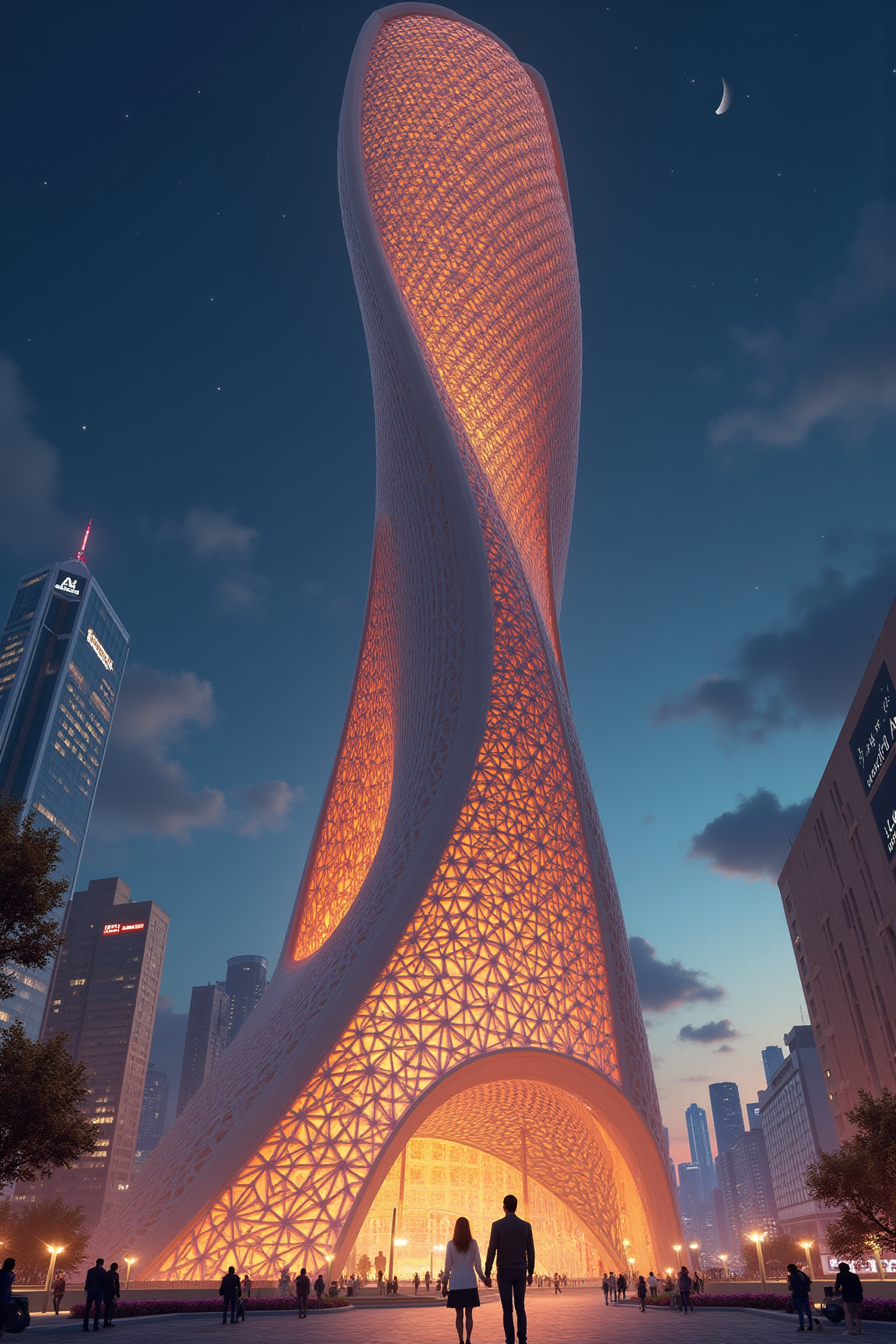 YFG-Sm0rg, Create an architectural illustration of a futuristic skyscraper inspired by Santiago Calatrava's style in the evening, with warm orange and pink hues illuminating the structure and surrounding cityscape.
The building should be a majestic, fluid design with undulating curves and sweeping lines, reminiscent of a bird in flight or a wave crashing against the shore. Its facade should feature intricate networks of interlocking arches, as if the stone itself has been molded to create a latticework of delicate lace.
At night, the skyscraper is bathed in a soft, ethereal glow, with thousands of fiber-optic 'stars' embedded within its structure twinkling like diamonds against the darkening sky. The effect should be one of enchantment and wonder, as if the very fabric of reality has been woven into this dreamlike creation.
The cityscape below is bustling with activity, with cars and pedestrians moving in a dynamic dance through the streets. However, the building's presence dominates the scene, its imposing stature and majestic proportions dwarfing the surrounding buildings.
In the foreground, a group of people are gathered at the base of the structure, gazing up in awe at its grandeur. One young couple is seen embracing beneath a sweeping archway, their faces aglow with joy as they take in the breathtaking sight above them.
The illustration should be rendered in vivid detail, with textures and surfaces that evoke a sense of tactility. The stone used for the building's facade should have a warm, honey-colored patina, while the surrounding buildings are rendered in cool blues and grays to provide contrast.
To add further depth to the scene, include a range of subtle details that reveal the character of this futuristic city. A sprinkling of advertising billboards and digital screens dot the surrounding streets, casting a glow over the pavement as they display messages in languages from around the world.
In the sky above, the stars twinkle like diamonds against the dark blue canvas of the night, while a few wispy clouds drift lazily by, adding a sense of movement and energy to the scene. A silver crescent moon hangs low on the horizon, casting an silvery glow over the entire cityscape.
The overall mood should be one of dynamic optimism, as if this futuristic metropolis is bursting with possibility and promise. The Calatrava-inspired skyscraper stands as a beacon of hope and progress, its flowing curves and delicate latticework evoking a sense of harmony between nature and technology.
Composition-wise, the illustration should be structured to draw the viewer's eye up towards the central focus of the building, while maintaining a sense of dynamic movement throughout the surrounding cityscape. The framing should be slightly skewed, as if the artist has captured the scene through a tilted lens, adding to the sense of drama and energy.
The color palette should be rich and vibrant, with an emphasis on warm oranges, pinks, and yellows that evoke a sense of excitement and possibility. However, there should also be areas of cool blues and grays to provide contrast and balance out the composition. The overall effect should be one of mesmerizing beauty, as if the artist has captured a moment in time when the very fabric of reality is being rewritten by human ingenuity.