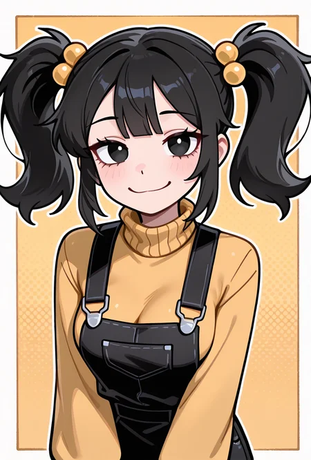 <lora:cassidyfnaf-10:1> cassidyfnaf, 1girl, twintails, black hair, hair ornament, long sleeves, yellow sweater, hair bobbles, turtleneck sweater, black overalls dress, yellow background, medium breasts, looking at viewer, smile, long sleeves, loose sleeves, no neck, arms forward, pose cute pose,, masterpiece, best quality, amazing quality, very aesthetic, absurdres, newest,, upper body, halftone effect, white borders, abstract background:1.2,