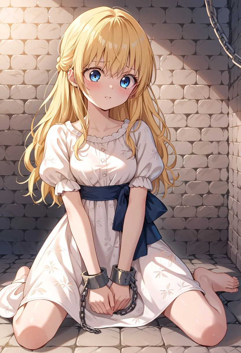 score_9, score_8_up, score_7_up, source_anime, 1woman, medium breasts, athanasia, blonde hair, long hair, blue eyes, dress, worried, short dress, white dress, plain dress, linen dress, short sleeves, juliet sleeves, barefoot, heavy iron shackles on both hands, cuffs, ankle cuffs, cuffed wrists, cuffed ankles, bound wrists, bound ankles, kneeling on ground, legs spread apart, chains connected from ceilings to shackles, dungeon, medieval prison, brick wall, torches, medieval setting, perfect hands, full shot,