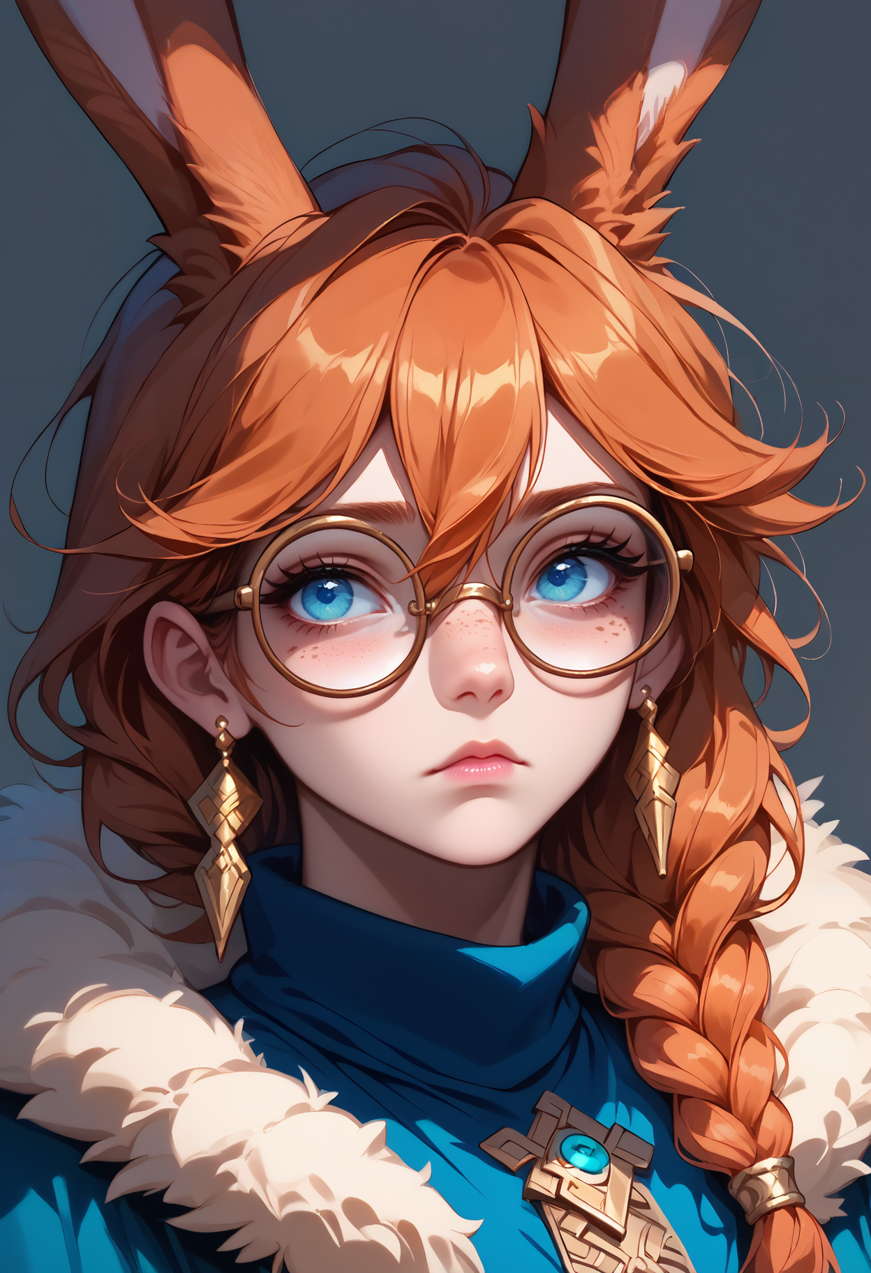 score_9,score_8_up,score_7_up,score_6_up,  <lora:aurora_lol_pdxl_v1_goofy:1> aurora-lol,blue eyes,1girl, animal ear piercing, animal ears, blue eyes, braid, braided sidelock, brown-framed eyewear, closed mouth, earrings, expressionless, freckles, fur trim, glasses, grey background, hair between eyes, jewelry, long hair, looking ahead, low-tied sidelocks, orange hair, pink lips, rabbit ears, rabbit girl, round eyewear, sidelocks, simple background, single braid, solo, upper body