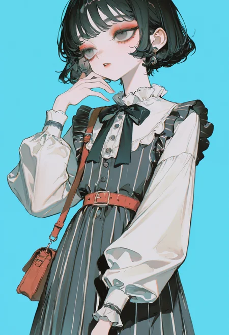 <lora:bmEybWVndV9f-illustriousXL_v01_V2-CAME>, bmEyb, 1girl, solo, bag, belt, short hair, striped dress, simple background, dress, makeup, black hair, striped clothes, red belt, bow, eyeshadow, shoulder bag, blue background, bowtie, long sleeves, hand up, parted lips, cowboy shot, buttons, handbag, vertical-striped dress