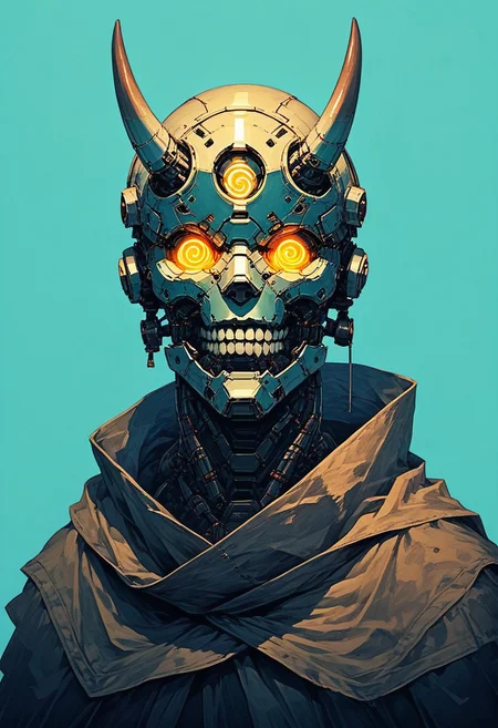 score_9, score_8_up, score_7_up, score_6_up, source_anime, lineart, B0ld01lp41nt,
solo, 1head, forest green helmet, no humans, glowing mechanical eyes, spiral horns, oni teeth, robot, mecha, beaten brown cloak, science fiction, cyborg, mechanical parts, humanoid robot,
science fiction, sinozick style, flat color, dark theme, Expressiveh, l0g0, simple background