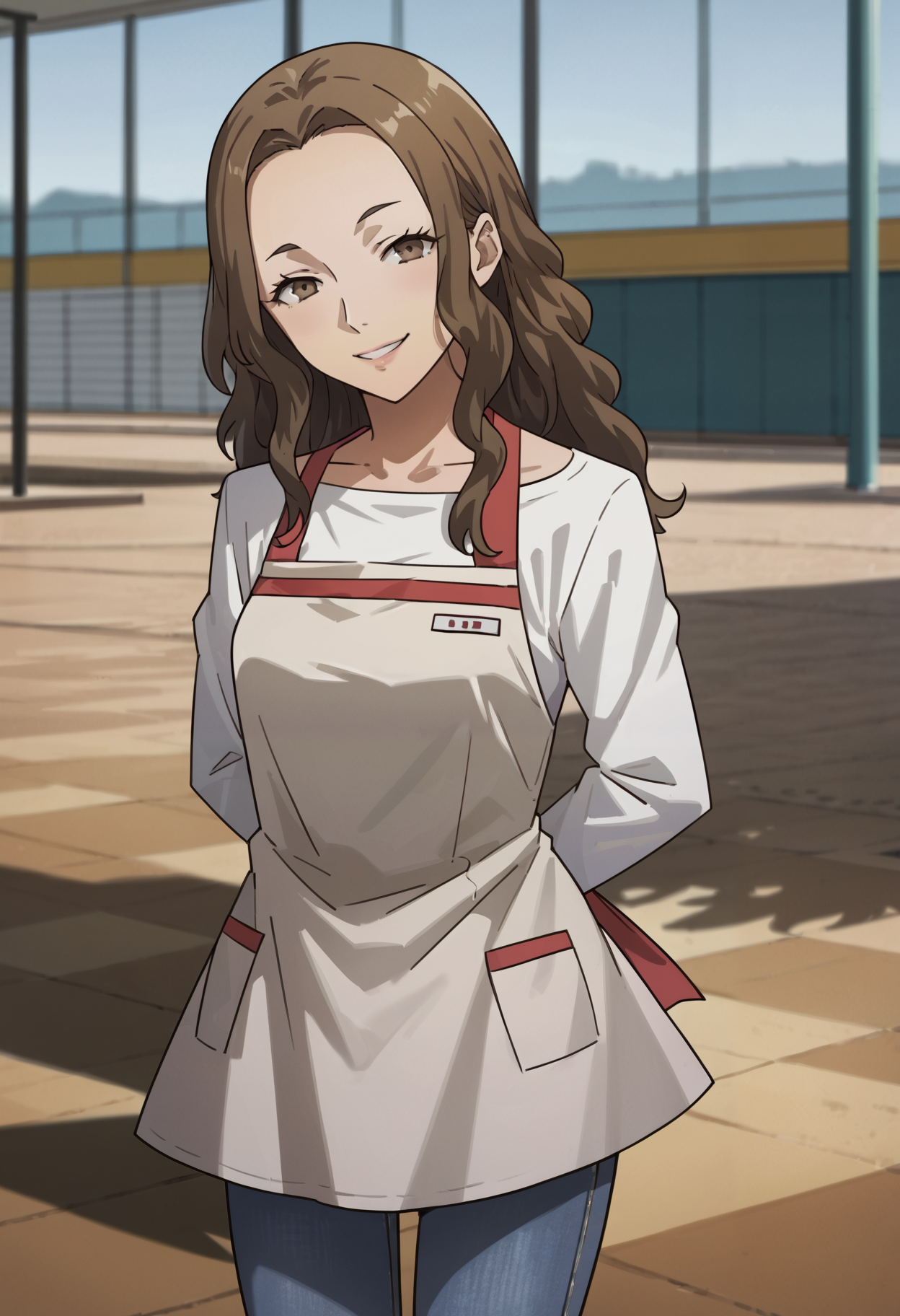 score_9, score_8_up, source_anime
1 girl, solo,
p4konishi, brown hair, long hair, wavy hair, brown eyes,
p4konishi-apron, apron, pants, jeans, white shirt, long sleeves, name tag, 
outside, food court, terrace, standing, smile, looking at viewer, cowboy shot, hands behind back, head tilt,
masterpiece, best quality, ultra detailed,