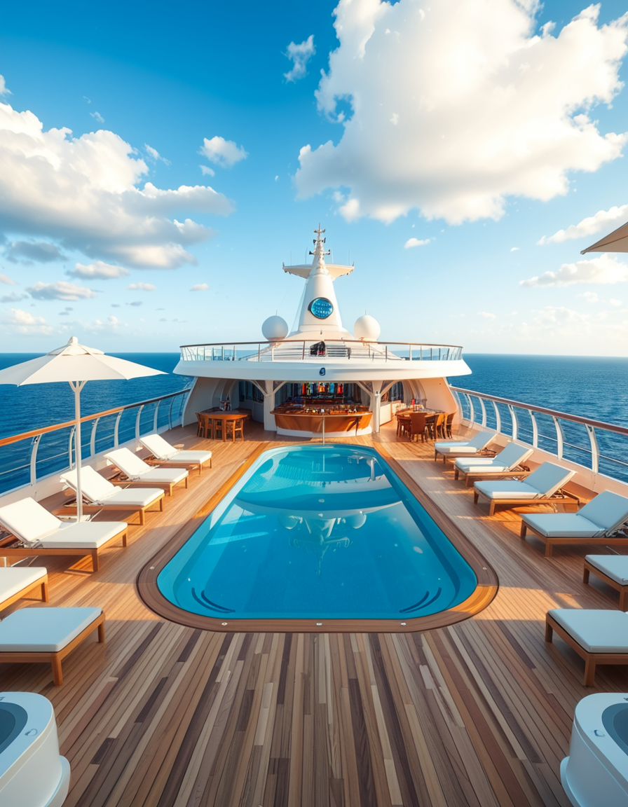 A wide, high-resolution view of the upper deck of a modern luxury cruise ship, completely empty of people. The deck features a clean, polished teak wood floor and sleek white railings along the edges. Several neatly arranged lounge chairs line both sides, with large white parasols providing shade. In the center of the deck, a crystal-clear swimming pool reflects the blue sky, with no one in or around it. To one side, a stylish bar area with a curved canopy stands closed, with colorful bottles and barstools neatly arranged. The background reveals the endless ocean meeting the horizon, under a bright, cloud-speckled blue sky. The lighting is natural daylight, casting soft shadows and highlighting the modern, serene, and luxurious ambiance of the cruise ship deck. No signs of human presence â everything is pristine, calm, and ready for guests.
<lora:SDXLFaeTastic2400:0.4> <lora:extremely_detailed:0.4> extremely detailed,<lora:luxury_cru1s3_sh1p:1>,luxury cru1s3 sh1p, Masterpiece,best quality,hi res,8k,hi res,8k,award winning,(sharp focus, intricate, highly detailed),
