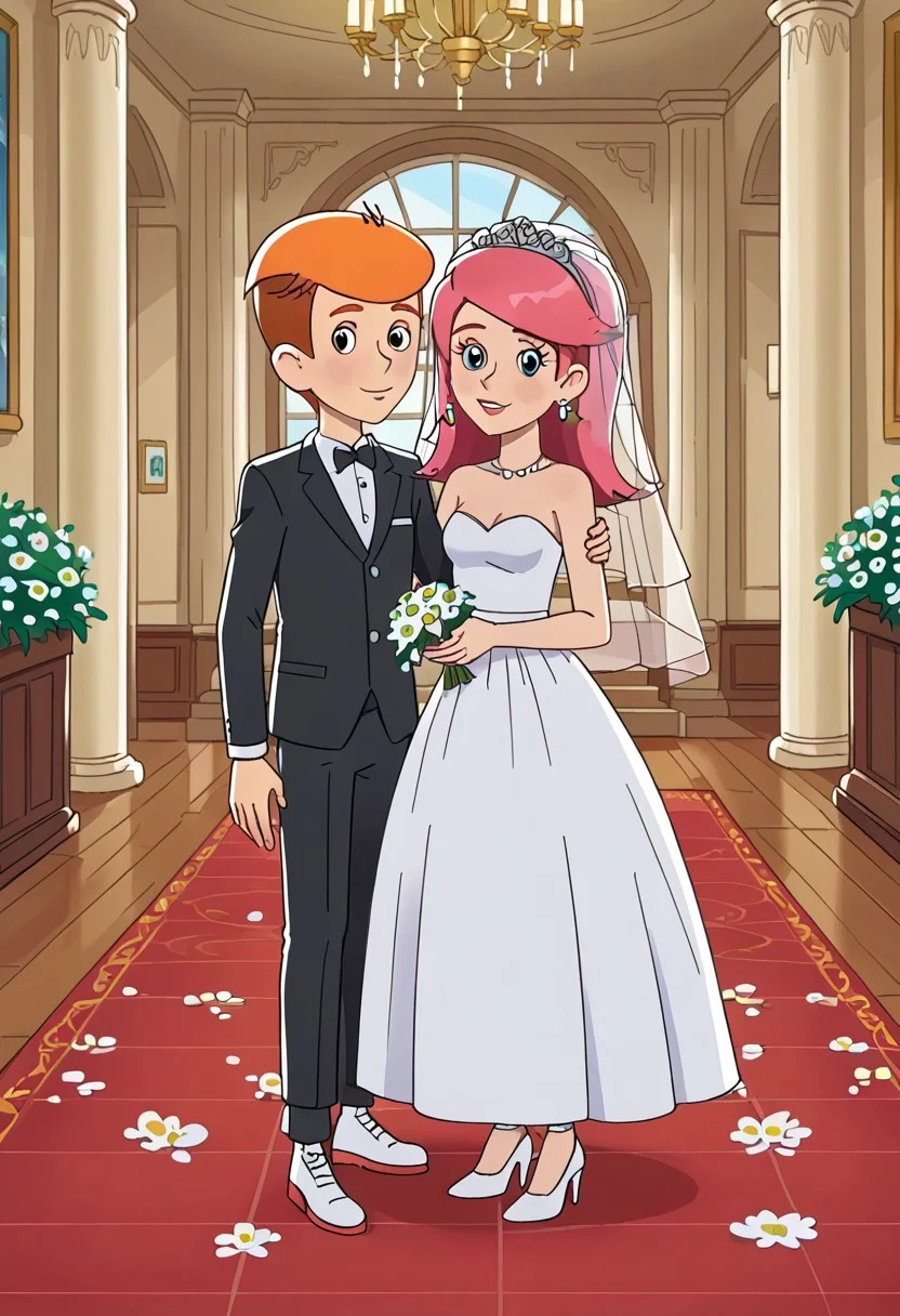 score_6, interior, tile floor, white wall, two characters, couple boy and girl,
(bride girl olya, girl with long pink hair and perky tits, white
heeled footwear, white wedding dress)
(fyodor, boy with short orange hair, black pants white shirt, black shoes, black jacket, )
couple, standing together against viewer, wedding ceremony, flowers, , front view